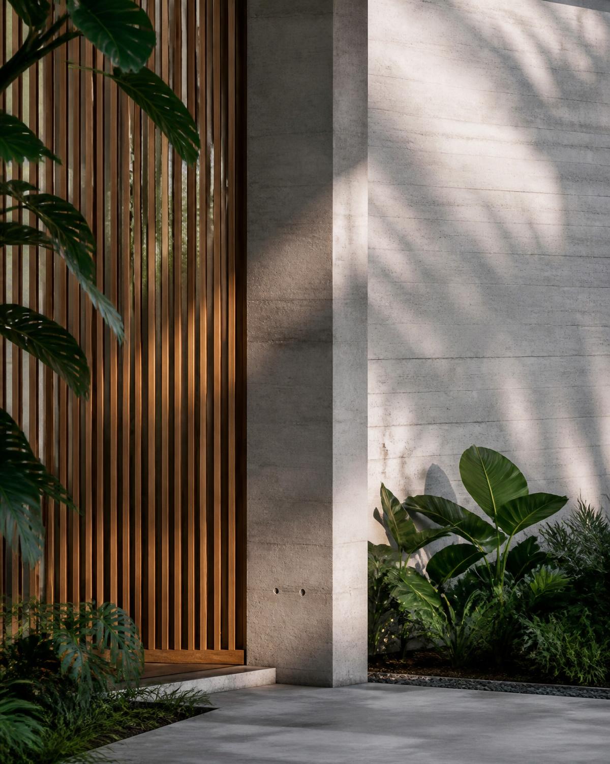Detalhe da arquitetura: brises de madeira, concreto aparente e vegetação tropical