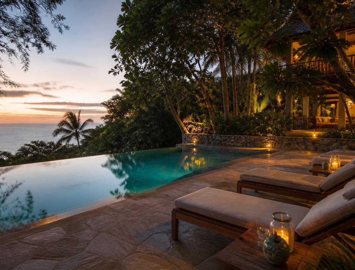 Deck com piscina privativa e vista para o mar entre a vegetação tropical